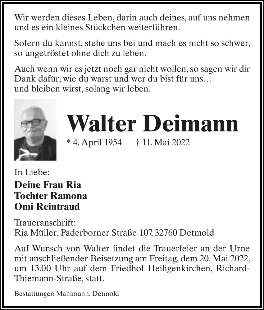  Traueranzeige für Walter Deimann vom 14.05.2022 aus Lippische Landes-Zeitung