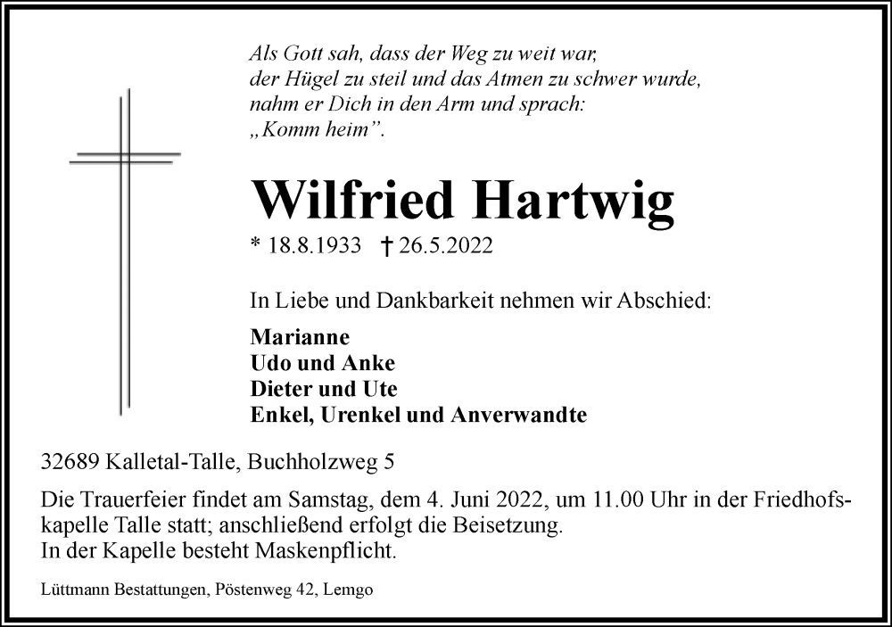 Traueranzeige für Wilfried Hartwig vom 28.05.2022 aus Lippische Landes-Zeitung