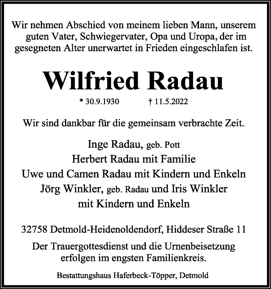  Traueranzeige für Wilfried Radau vom 14.05.2022 aus Lippische Landes-Zeitung