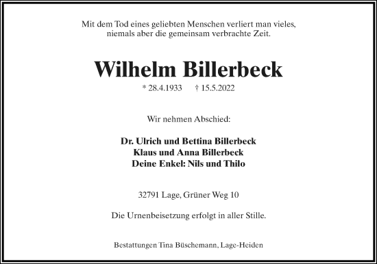 Anzeige  Wilhelm Billerbeck  Lippische Landes-Zeitung