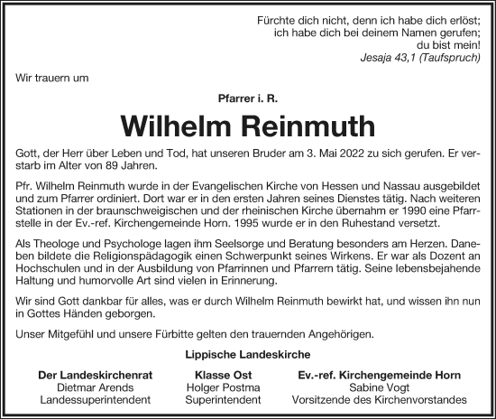 Anzeige  Wilhelm Reinmuth  Lippische Landes-Zeitung