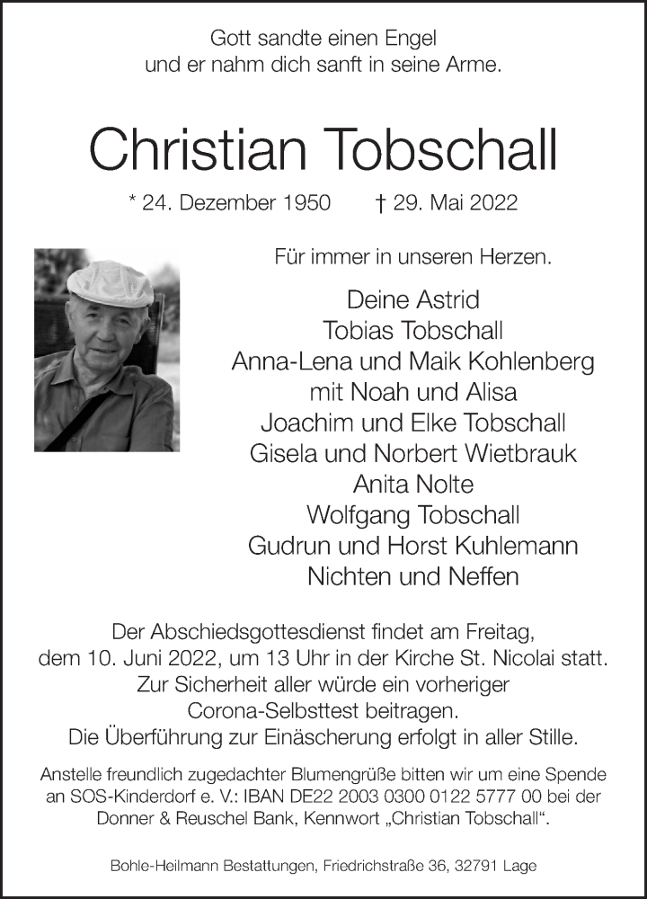  Traueranzeige für Christian Tobschall vom 04.06.2022 aus Lippische Landes-Zeitung