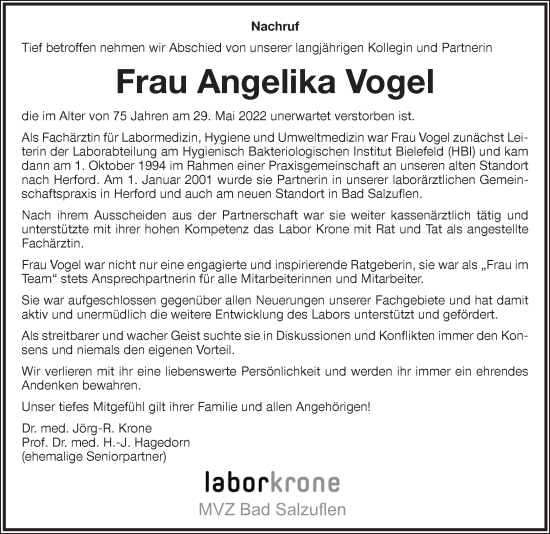 Anzeige  Angelika Vogel  Lippische Landes-Zeitung