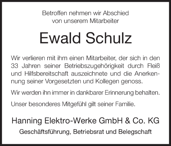 Anzeige  Ewald Schulz  Lippische Landes-Zeitung