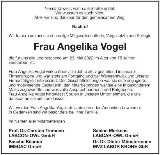 Anzeige  Angelika Vogel  Lippische Landes-Zeitung