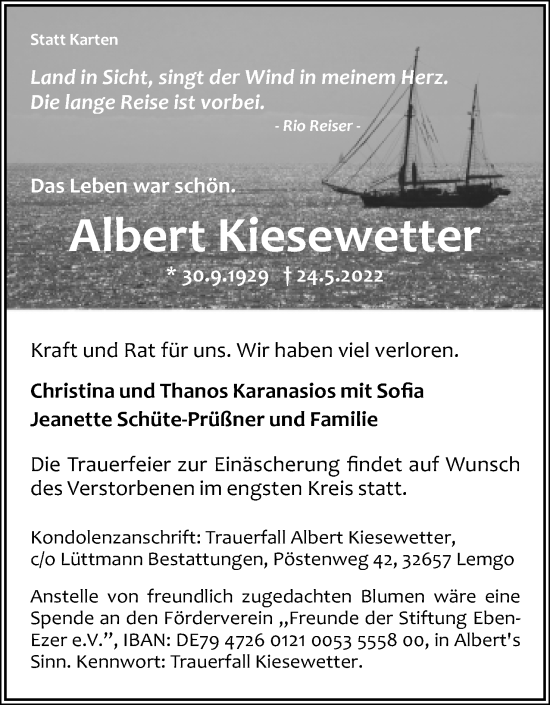 Anzeige  Albert Kiesewetter  Lippische Landes-Zeitung