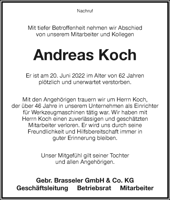Anzeige  Andreas Koch  Lippische Landes-Zeitung