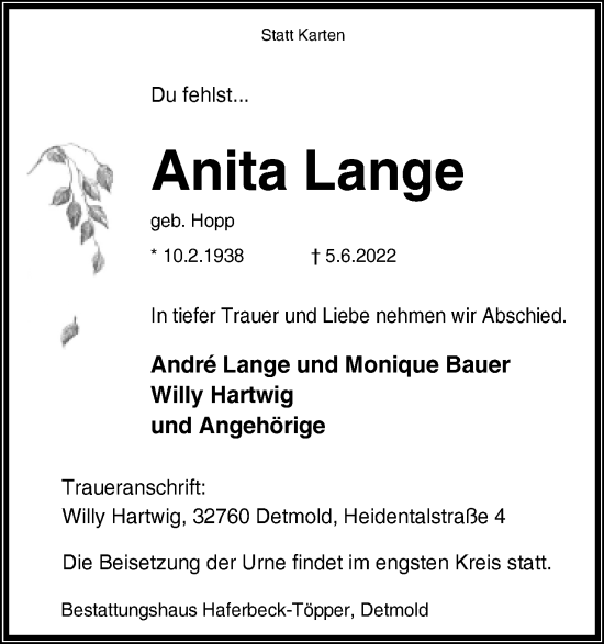 Anzeige  Anita Lange  Lippische Landes-Zeitung