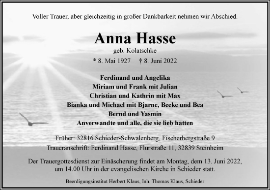 Anzeige  Anna Hasse  Lippische Landes-Zeitung