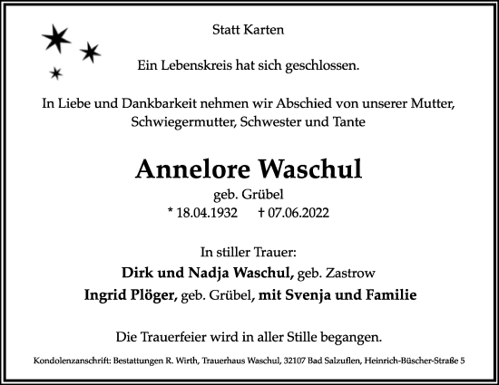 Anzeige  Annelore Waschul  Lippische Landes-Zeitung