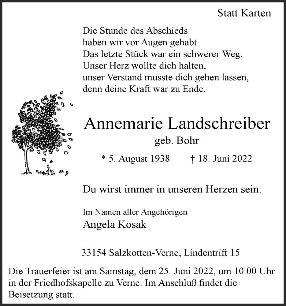  Traueranzeige für Annemarie Landschreiber vom 22.06.2022 aus Lippische Landes-Zeitung