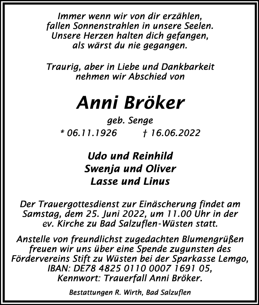 Traueranzeige für Anni Bröker vom 22.06.2022 aus Lippische Landes-Zeitung
