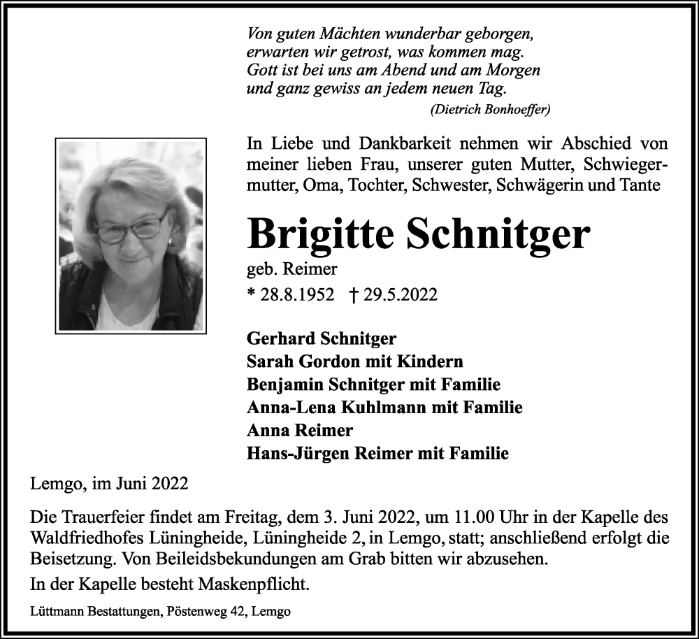  Traueranzeige für Brigitte Schnitger vom 01.06.2022 aus Lippische Landes-Zeitung