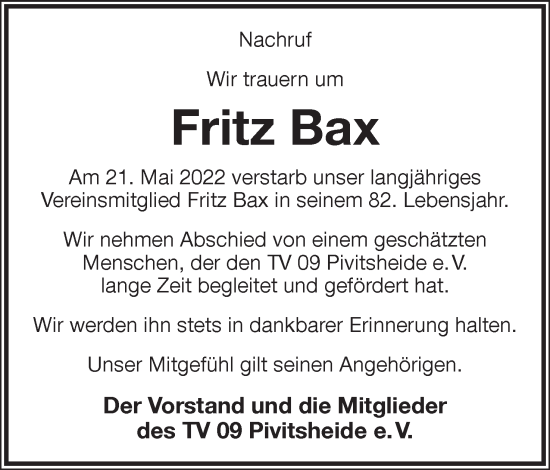 Anzeige  Fritz Bax  Lippische Landes-Zeitung