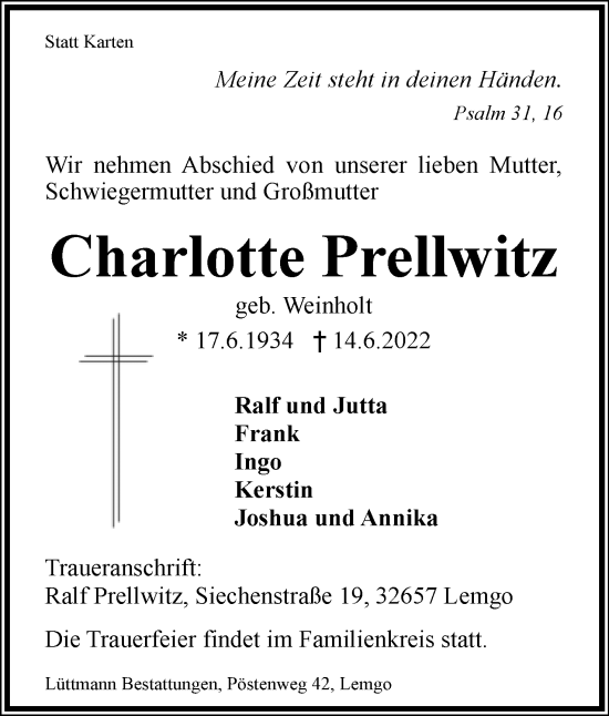 Anzeige  Charlotte Prellwitz  Lippische Landes-Zeitung