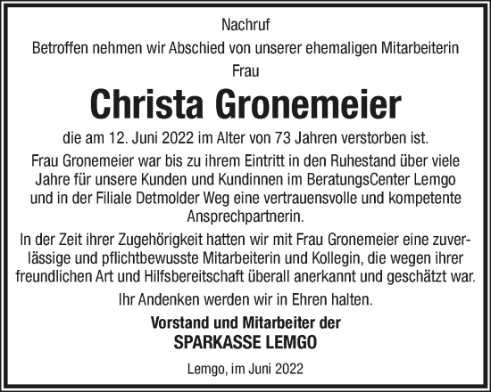 Anzeige  Christa Gronemeier  Lippische Landes-Zeitung