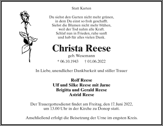 Anzeige  Christa Reese  Lippische Landes-Zeitung