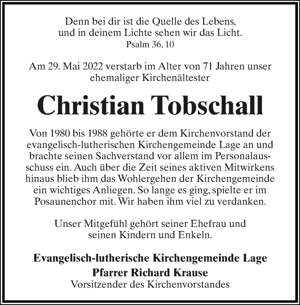  Traueranzeige für Christian Tobschall vom 04.06.2022 aus Lippische Landes-Zeitung