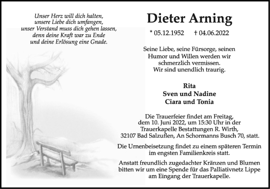 Anzeige  Dieter Arning  Lippische Landes-Zeitung