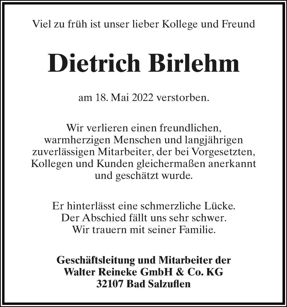  Traueranzeige für Dietrich Birlehm vom 04.06.2022 aus Lippische Landes-Zeitung