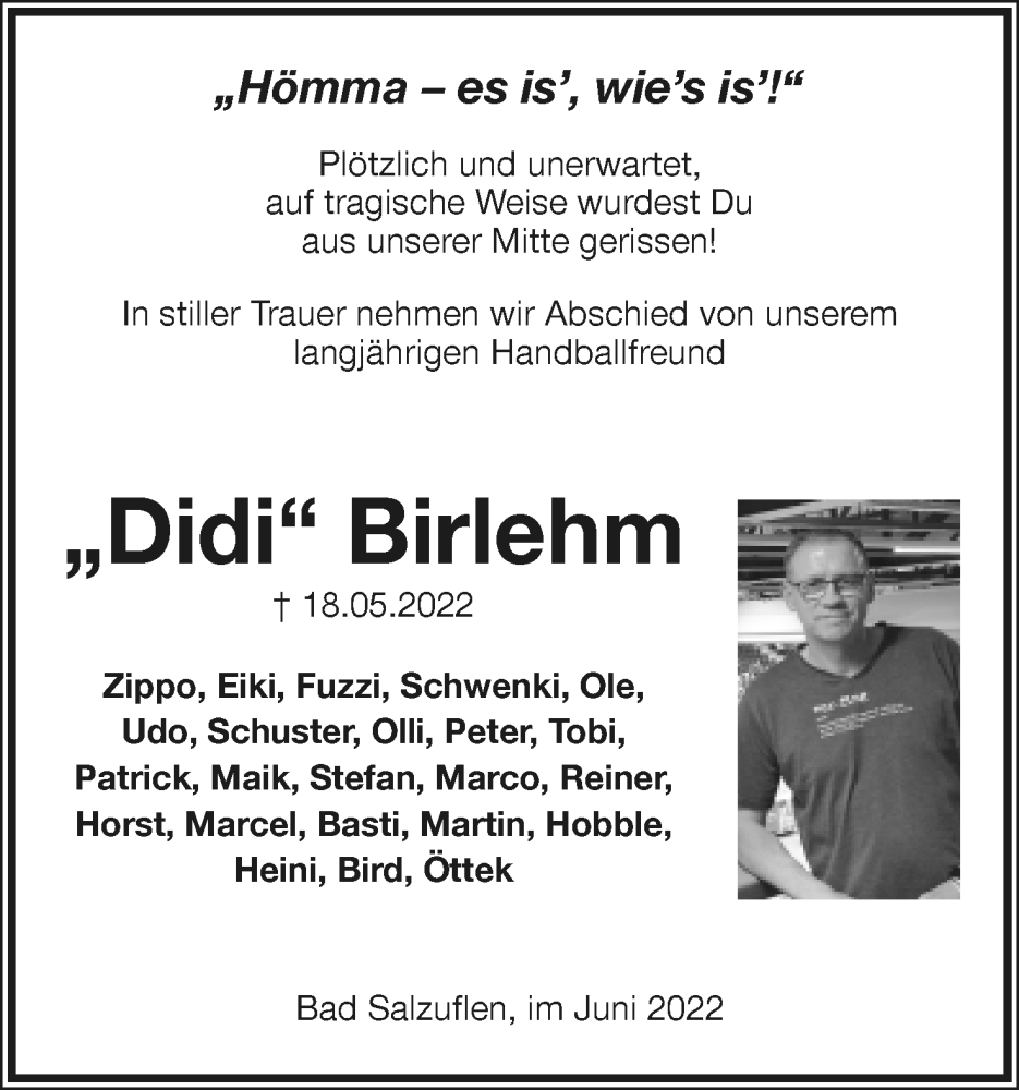  Traueranzeige für Dietrich Birlehm vom 04.06.2022 aus Lippische Landes-Zeitung