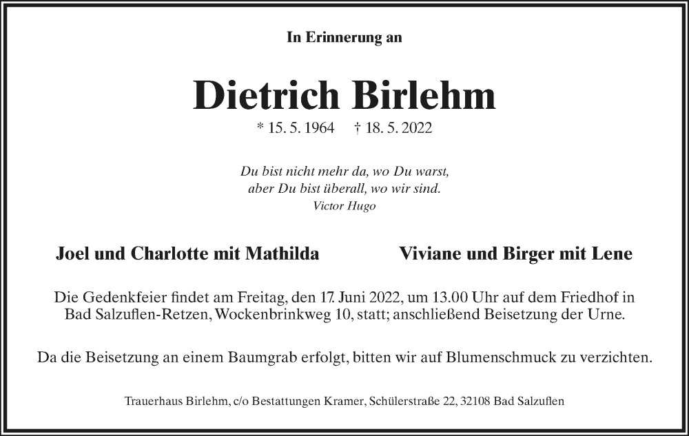  Traueranzeige für Dietrich Birlehm vom 04.06.2022 aus Lippische Landes-Zeitung