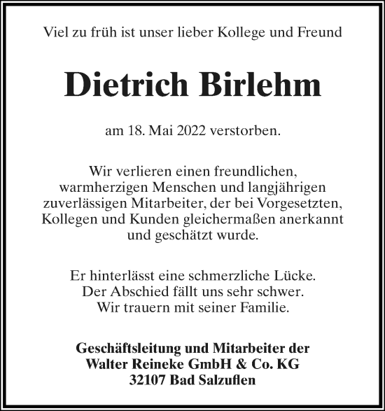 Anzeige  Dietrich Birlehm  Lippische Landes-Zeitung