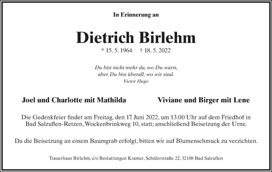 Anzeige  Dietrich Birlehm  Lippische Landes-Zeitung