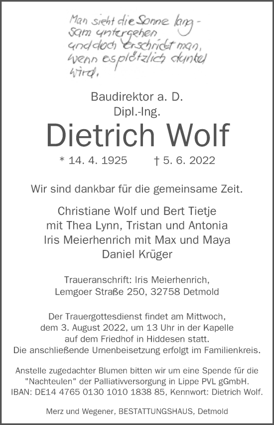Anzeige  Dietrich Wolf  Lippische Landes-Zeitung