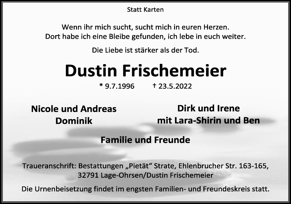 Traueranzeige für Dustin Frischemeier vom 04.06.2022 aus Lippische Landes-Zeitung