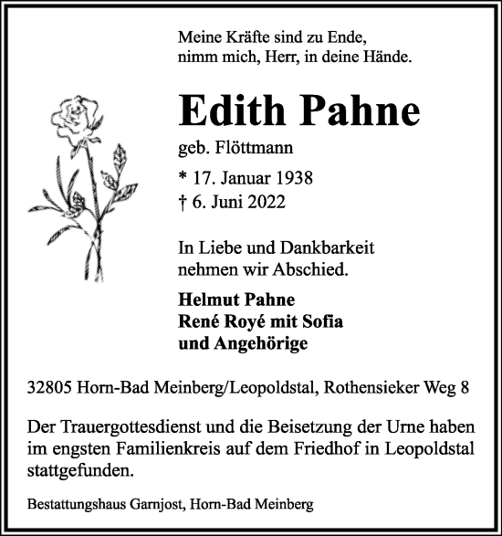 Anzeige  Edith Pahne  Lippische Landes-Zeitung