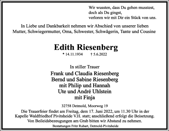 Anzeige  Edith Riesenberg  Lippische Landes-Zeitung