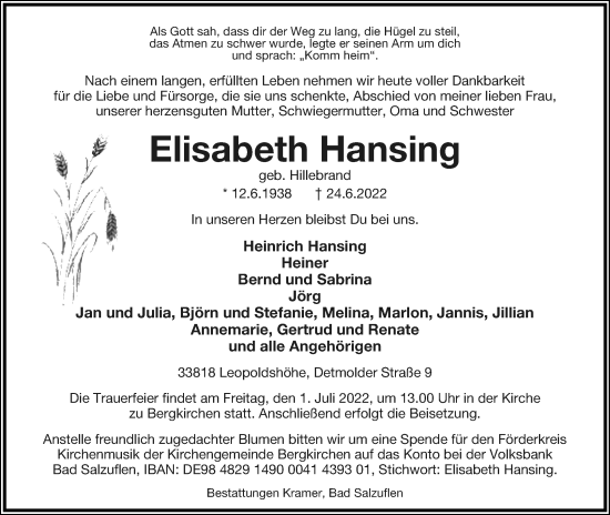 Anzeige  Elisabeth Hansing  Lippische Landes-Zeitung