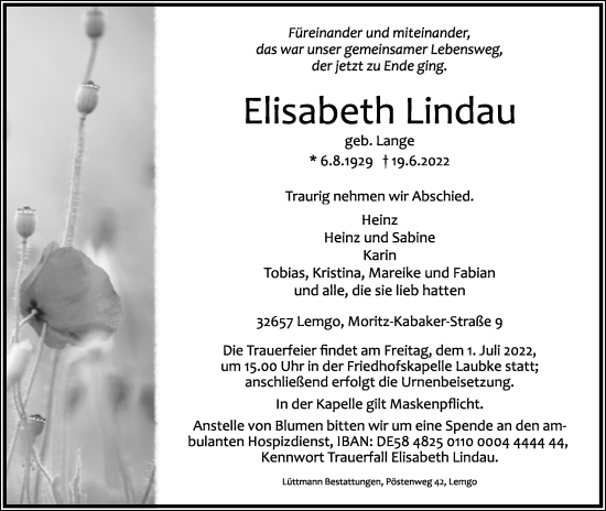 Anzeige  Elisabeth Lindau  Lippische Landes-Zeitung