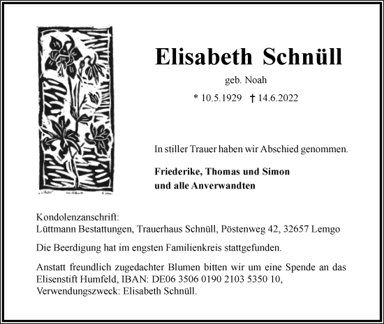 Anzeige  Elisabeth Schnüll  Lippische Landes-Zeitung