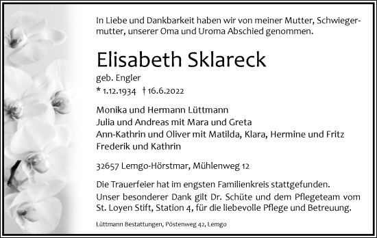 Anzeige  Elisabeth Sklareck  Lippische Landes-Zeitung