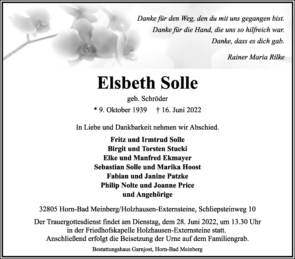  Traueranzeige für Elsbeth Solle vom 22.06.2022 aus Lippische Landes-Zeitung