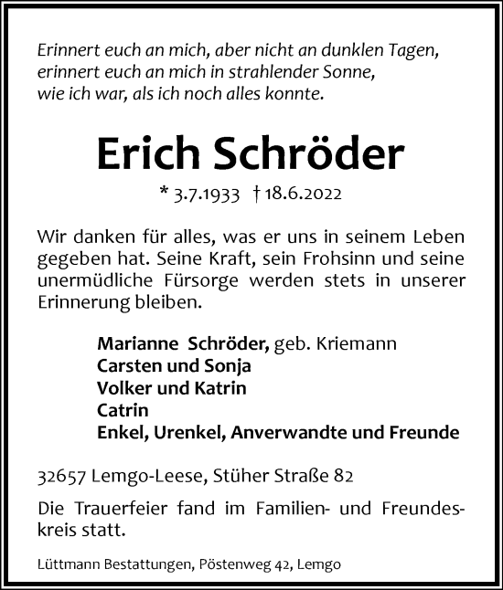 Anzeige  Erich Schröder  Lippische Landes-Zeitung