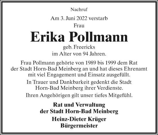 Anzeige  Erika Pollmann  Lippische Landes-Zeitung