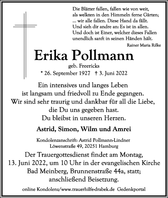 Anzeige  Erika Pollmann  Lippische Landes-Zeitung