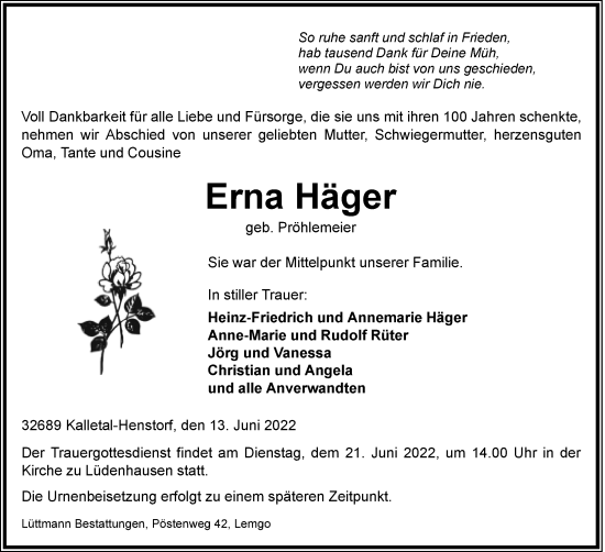 Anzeige  Erna Häger  Lippische Landes-Zeitung
