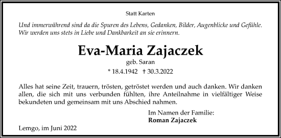 Anzeige  Eva-Maria Zajaczek  Lippische Landes-Zeitung