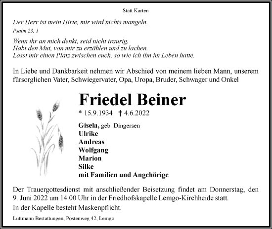 Anzeige  Friedel Beiner  Lippische Landes-Zeitung