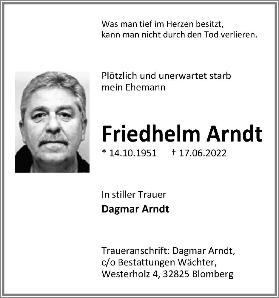  Traueranzeige für Friedhelm Arndt vom 22.06.2022 aus Lippische Landes-Zeitung
