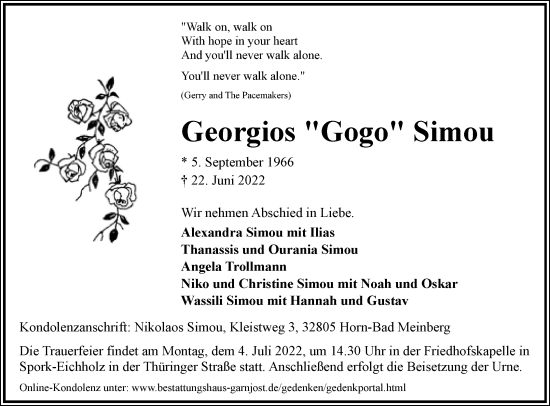 Anzeige  Georgios Simou  Lippische Landes-Zeitung