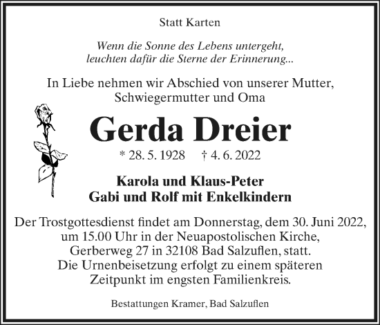 Anzeige  Gerda Dreier  Lippische Landes-Zeitung