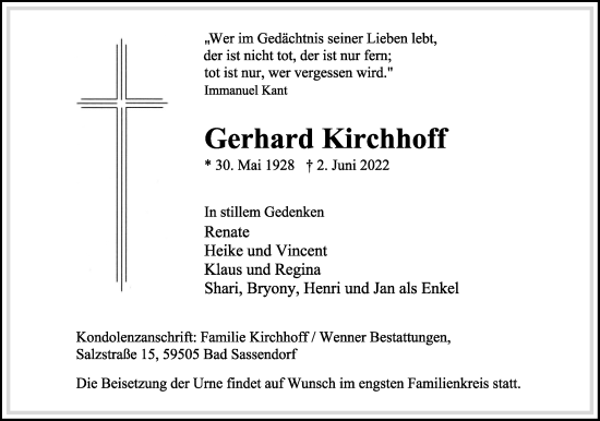 Anzeige  Gerhard Kirchhoff  Lippische Landes-Zeitung