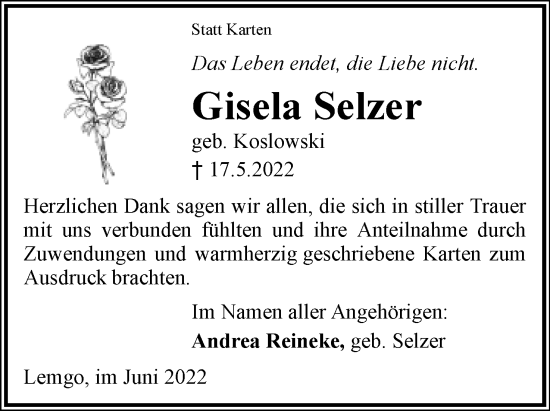 Anzeige  Gisela Selzer  Lippische Landes-Zeitung