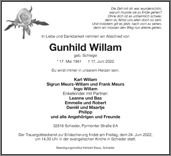 Anzeige  Gunhild Willam  Lippische Landes-Zeitung