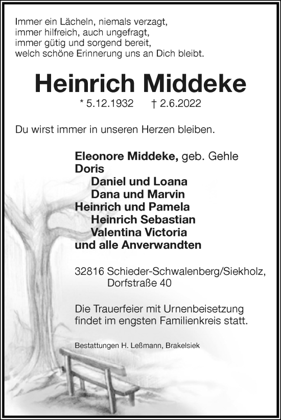 Anzeige  Heinrich Middeke  Lippische Landes-Zeitung